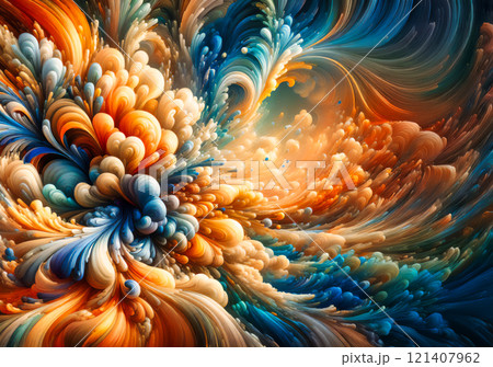 Vibrant 3D painting: Surrealistic, flowing textures colorful explosions and flowing fabrics in light orange and beige hues fusion of cyan and bronze 121407962