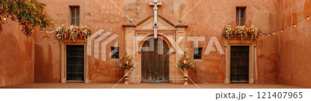 Historic Hispanic church with festival decorations, Hispanic Heritage religious, Cultural reverence Historic Hispanic church with festival decorations, Hispanic Heritage religious, Cultural reverence 121407965