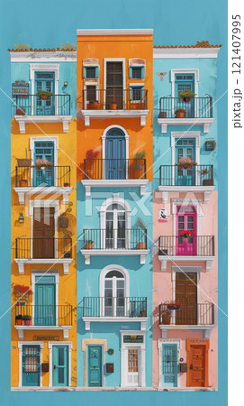 Traditional Hispanic architecture with vibrant street art, Hispanic Heritage architecture, Urban culture Traditional Hispanic architecture with vibrant street art, Hispanic Heritage architecture, Urban culture 121407995