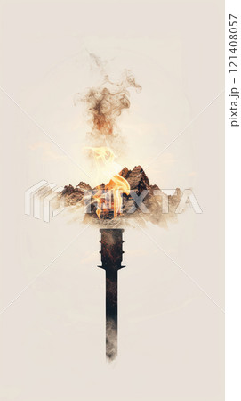 Olympic flame journey close up, focus on, copy space colorful route Double exposure silhouette with landscapes 121408057