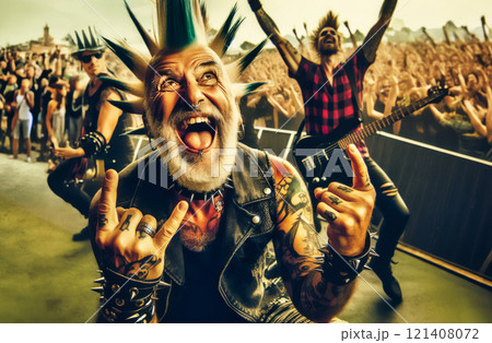 happy punk with mohawk hairstyle, open air music festival happy punk with mohawk hairstyle, open air music festival 121408072