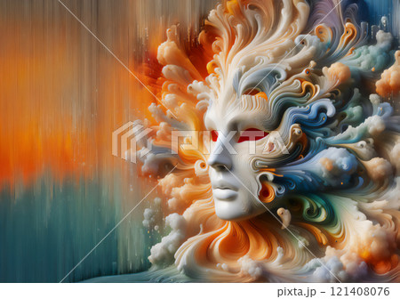 mask red eyes, marble, waves, blue ,surrealistic, flowing textures colorful explosions and flowing fabrics in light orange and beige hues. , stunning fusion of cyan and bronze close up, 121408076