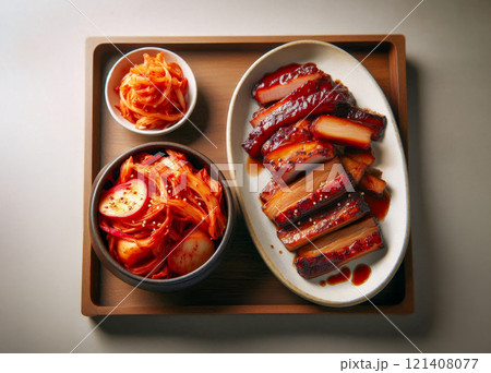 kkakdugi Korean radish kimchi and Korean-style soy-marinated grilled pork, vegetables in a bowl, wooden tray, two plates, 121408077