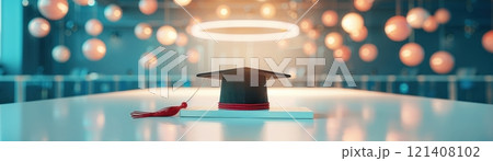 Graduation cap on a stage with colorful lights. Graduation cap on a stage with colorful lights. 121408102
