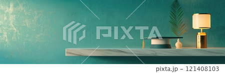 Graduation cap on a stage with colorful lights. 121408103