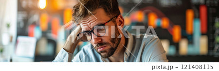 A business owner stressed over finances, looking at declining sales charts 121408115