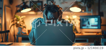 A person looking exhausted during a video conference, illustrating remote work stress 121408119