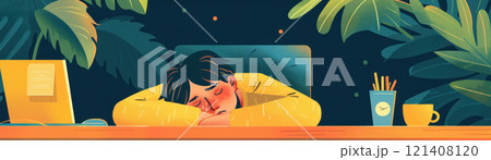 A person looking exhausted during a video conference, illustrating remote work stress 121408120