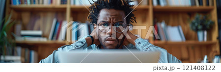 A person looking exhausted during a video conference, illustrating remote work stress 121408122
