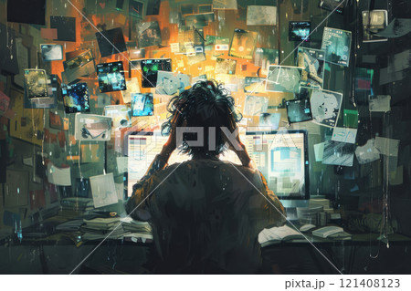 A person overwhelmed by technology and social media, surrounded by screens and notifications 121408123