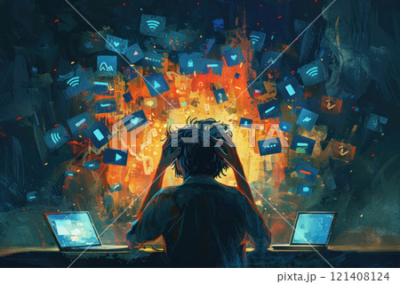 A person overwhelmed by technology and social media, surrounded by screens and notifications 121408124
