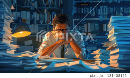 A stressed employee working late at an office, surrounded by stacks of paperwork 121408125