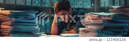 A stressed employee working late at an office, surrounded by stacks of paperwork 121408126