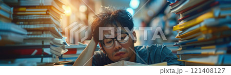 A stressed employee working late at an office, surrounded by stacks of paperwork 121408127