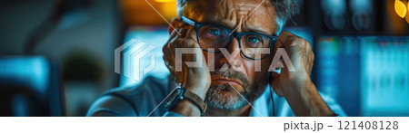 A stressed executive dealing with a crisis, looking at multiple phone calls and messages 121408128