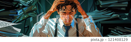 A stressed executive dealing with a crisis, looking at multiple phone calls and messages 121408129