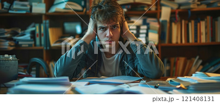 A stressed student looking overwhelmed with exam papers and notes 121408131