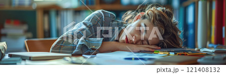 A student falling asleep on their desk with study materials scattered around, showing study fatigue 121408132