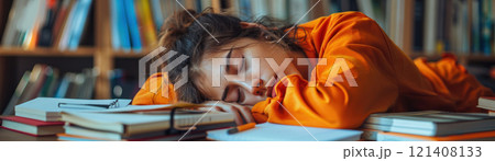 A student falling asleep on their desk with study materials scattered around, showing study fatigue 121408133