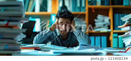 An employee struggling with a heavy workload, showing multiple screens and documents 121408134