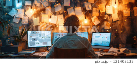 An employee struggling with a heavy workload, showing multiple screens and documents 121408135