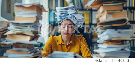An employee struggling with a heavy workload, showing multiple screens and documents 121408136