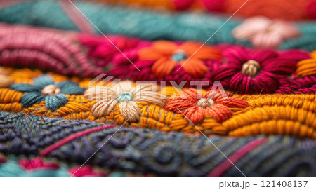 Closeup of intricate embroidery on traditional clothing, Hispanic Heritage textiles, Craftsmanship 121408137