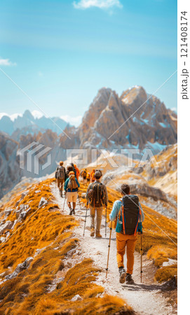 Group hiking on a mountain trail, outdoor activities, Exploration and nature 121408174