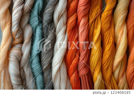 A close-up of colorful yarn strands, showcasing a spectrum of earthy tones, from pale beige to vibrant orange. 121408185