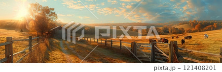 A picturesque countryside scene with a golden sunset, a wooden fence, and a dirt path leading through fields. 121408201