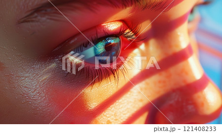 Close-up of a blue eye with sunlight streaming through blinds. The image is soft and dreamy, with a warm color palette. 121408233