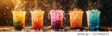 Four colorful boba tea drinks with tapioca pearls. Four colorful boba tea drinks with tapioca pearls. 121408251