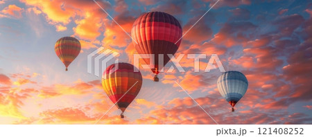 Four hot air balloons soar against a vibrant sunset sky. Four hot air balloons soar against a vibrant sunset sky. 121408252