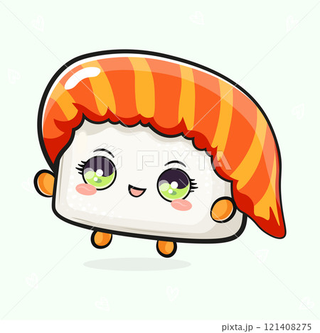 Cute funny jumping Sushi. Vector hand drawn cartoon kawaii character illustration icon. Isolated on light green background. Red Sushi concept 121408275