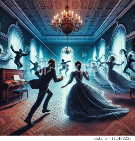 Halloween wide-angle view of a haunted house ballroom scene where a Caucasian male and a Black female with braided hair are fleeing , chased by possessed by ghostly spirits, with ghostly figures 121408283