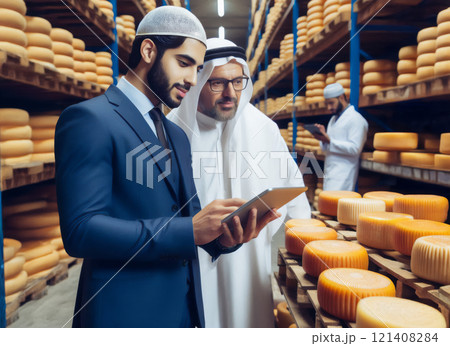 Muslim Business partners and investors in a cheese warehouse, checking the quality of cheese 121408284