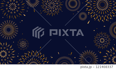 Firework vector background. Celebrate pattern with simple flat golden fireworks, explosions in night sky with copy space at the center. Illustration for new year, anniversary, birthday celebration 121408337