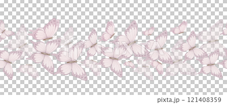 Watercolor Butterfly Border in pastel pink colors. Seamless Pattern with wings for wedding invitations or baby girl greeting cards and invitations. Feminine frame for scrapbooking, and stationery. 121408359
