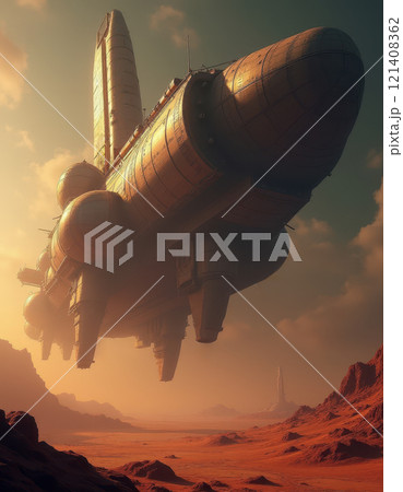 A massive spaceship descends on Mars, giant space craft exploring the future world 121408362