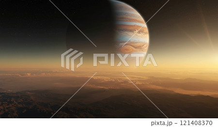 黄色い砂で烟った大気の向こうに在る太陽に照らされた木星 黄色い砂で烟った大気の向こうに在る太陽に照らされた木星 121408370