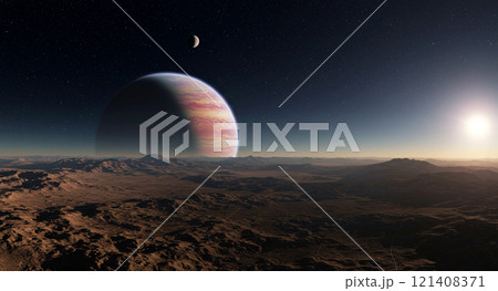 群青色の空と太陽に照らされた地平線の向こうに見える木星 121408371