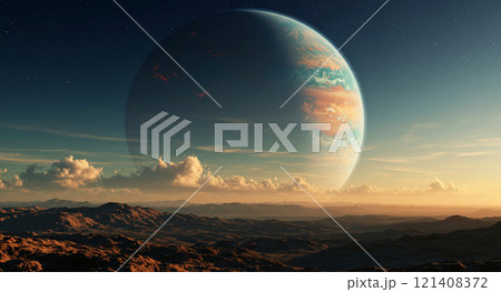 雲の向こうに見える巨大な惑星、木星 雲の向こうに見える巨大な惑星、木星 121408372