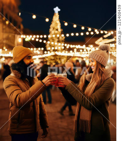 Friends toasting with festive drinks at a lively holiday market in a cozy winter setting with twinkling lights and Christmas trees 121408439