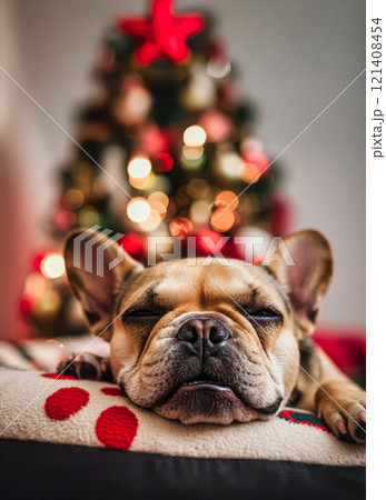 cute sleepy puppy French bulldog miniature sleep with christmas decoration and lights on background cozy winter 121408454