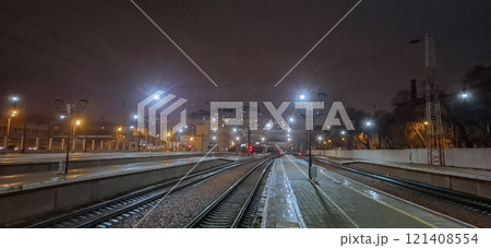 Access roads of Odessa railway station.Empty platforms of the night station. Access roads of Odessa railway station.Empty platforms of the night station. 121408554