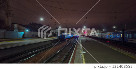 Access roads of Odessa railway station.Empty platforms of the night station. Access roads of Odessa railway station.Empty platforms of the night station. 121408555