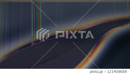 Broadcast damage. Glitch distortion. Black curve line crack on static artifacts pixel defocused texture. Broken technology abstract background overlay. 121408689