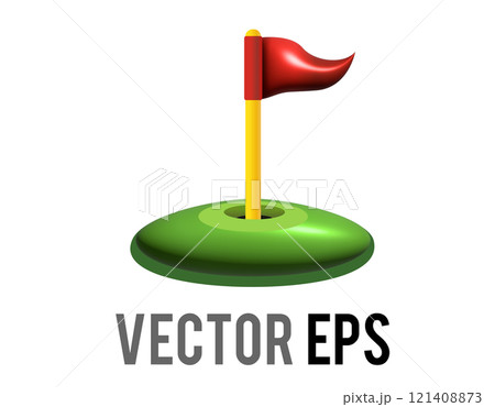 3D red triangular golf flag and hole icon with green field 121408873