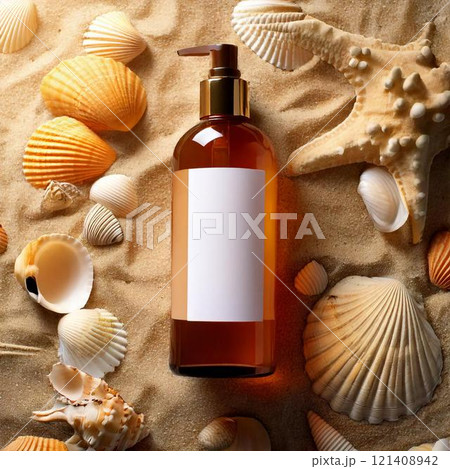 bottle of seashells and starfish on sand 121408942