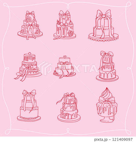 Set of birthday or wedding cakes with bows and leaks. Vector hand drawn illustration in Coquette retro sketch style. Holiday clipart for greeting cards and invitations 121409097